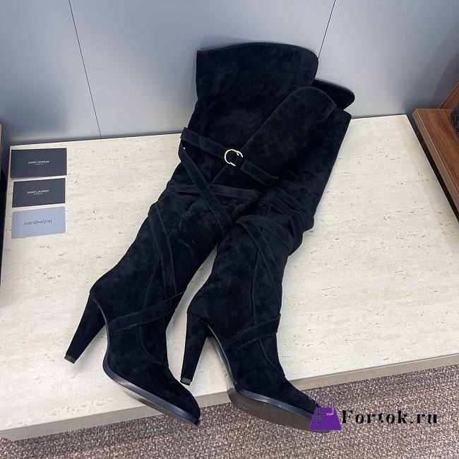 Fortok YSL Saint Laurent Black Suede Knee Length Boots 9.5cm - 1