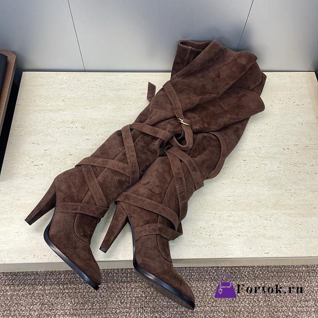 Fortok YSL Saint Laurent Brown Suede Knee Length Boots 9.5cm - 1