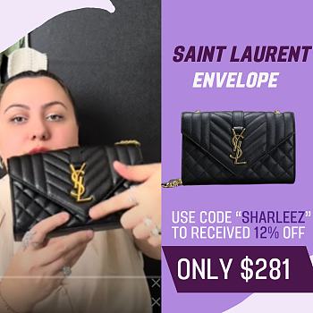 Fortok Saint Laurent Women's Envelope Quilted Grain De Poudre Embossed Leather Black 21×13×6cm