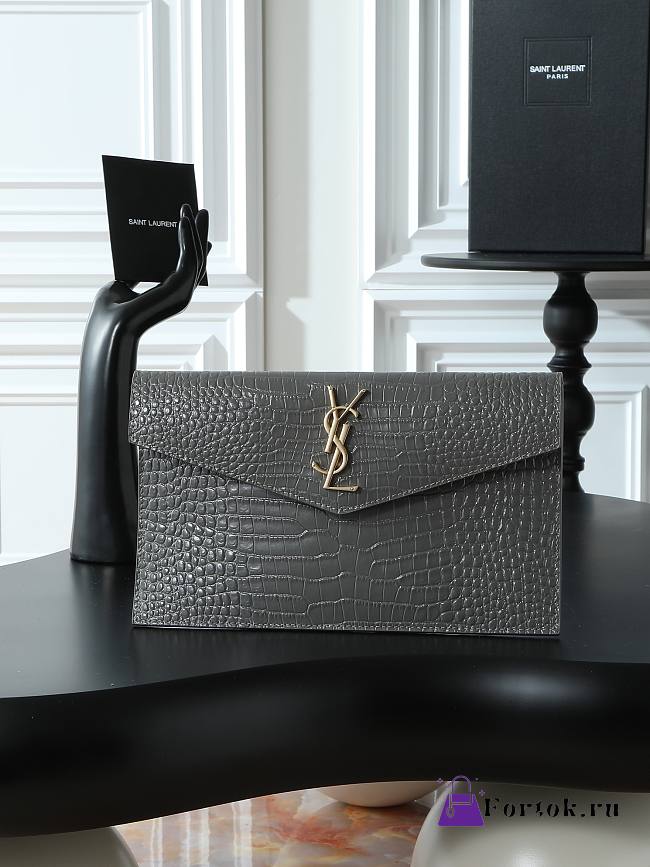Fortok Saint Laurrent Ysl Uptown Pouch In Crocodile Embossed Grey 27×16×2cm  - 1