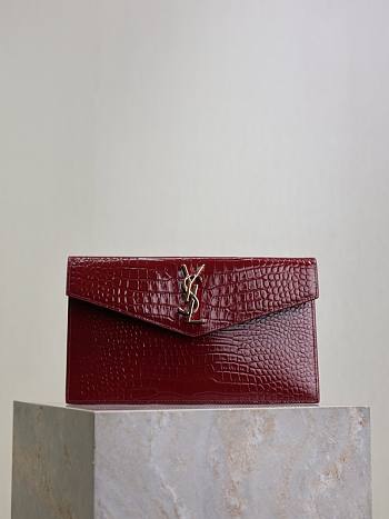 Fortok Saint Laurrent Ysl Uptown Pouch In Crocodile Embossed Red 27×16×2cm