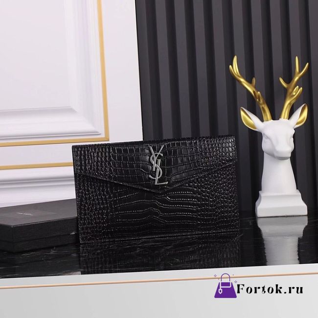 Fortok Saint Laurrent Ysl Uptown Pouch In Crocodile Embossed Black Silver Hardware 27×16×2cm - 1