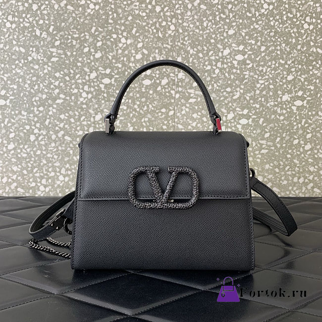 Fortok Valentino Vsling Handbag Top Handle Black Crystal Logo 22x16x9cm - 1