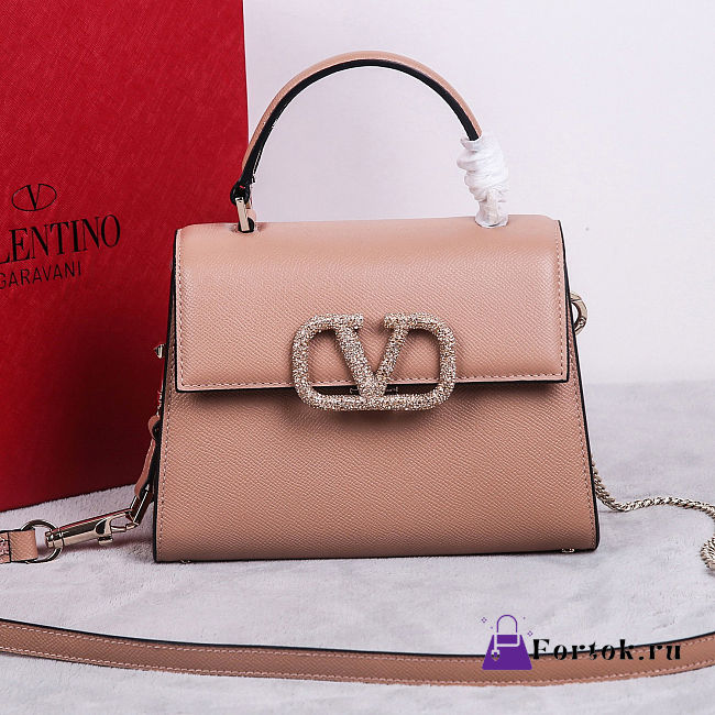 Fortok Valentino Vsling Handbag Top Handle Beige Crystal Logo 22x16x9cm - 1