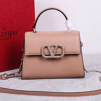 Fortok Valentino Vsling Handbag Top Handle Beige Crystal Logo 22x16x9cm