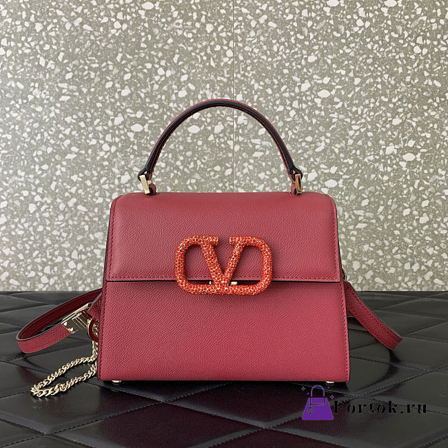 Fortok Valentino Vsling Handbag Top Handle Red Crystal Logo 22x16x9cm - 1