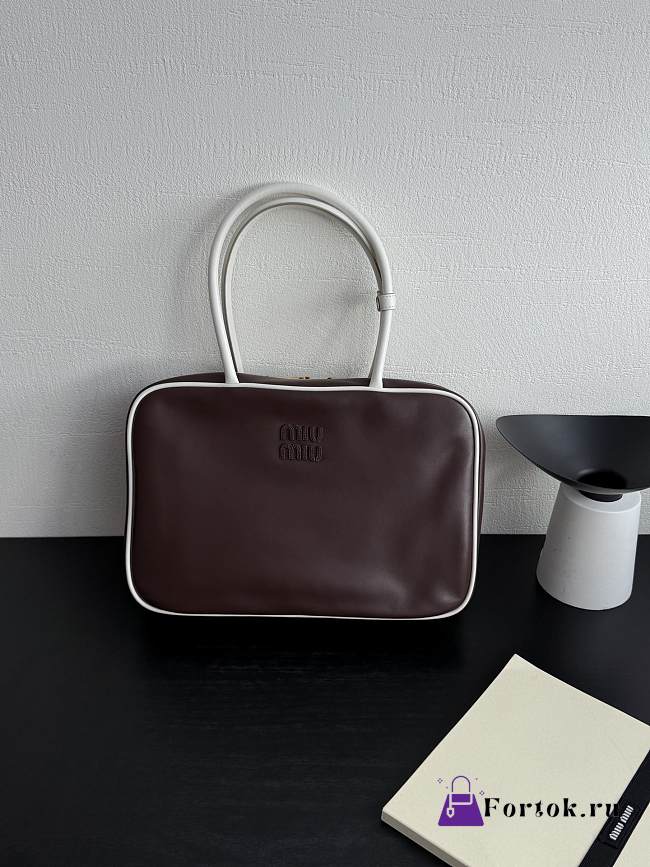 Fortok Miu Miu Soft Calf Softy Beau Top Handle Dark Brown 34×23×10cm - 1