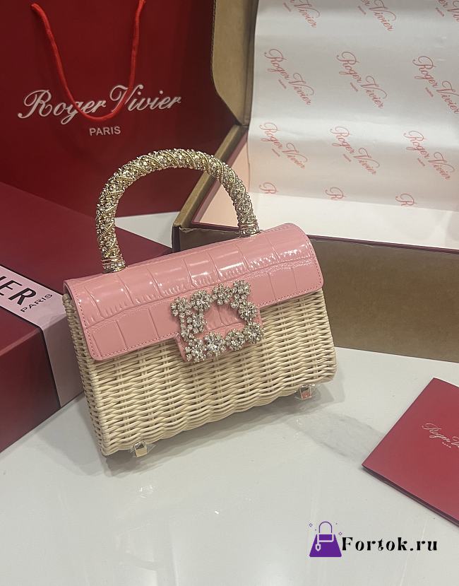 Fortok Roger Vivier Jewel Efflorescence Mini tote bag pink leather flap 19*13*4cm - 1