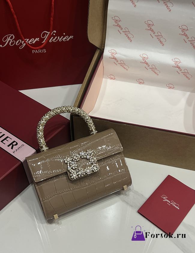 Fortok Roger Vivier Jewel Efflorescence Mini tote bag Crocodile Brown 19*13*4cm - 1