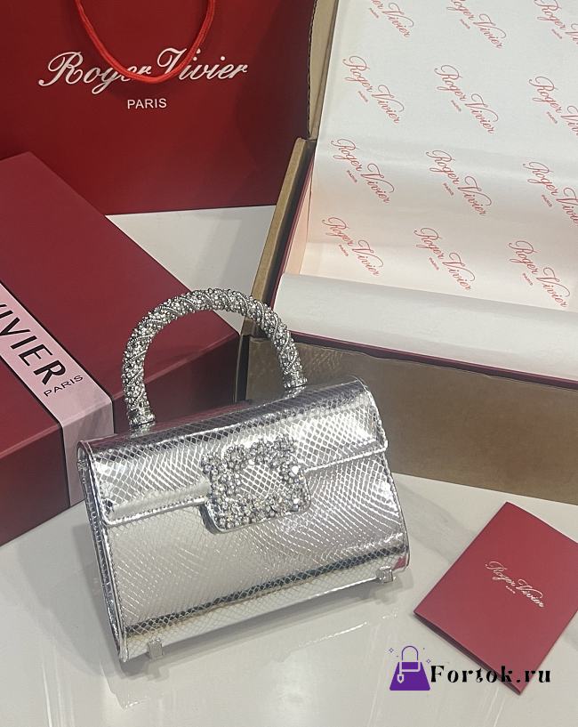 Fortok Roger Vivier Jewel Efflorescence Mini Bag Metallic Leather Silver 19*13*4cm  - 1