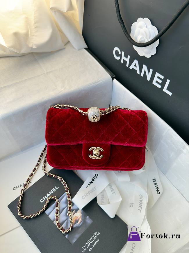 Fortok Chanel Pearl Crush Flap bag Red velvet 20cm - 1