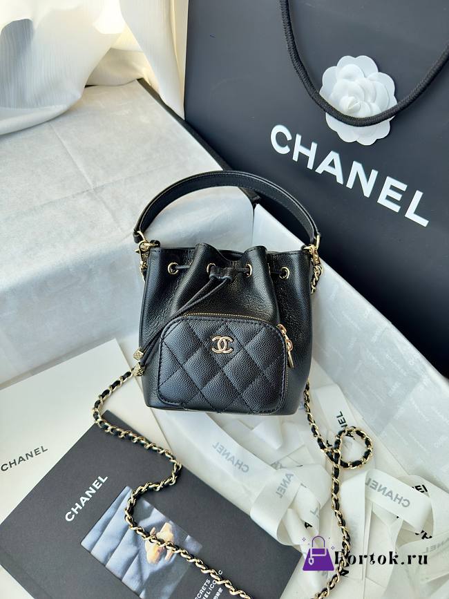 Fortok Chanel Mini Top Handle Bucket Bag with Chain Black 12.5-10-7.5CM - 1