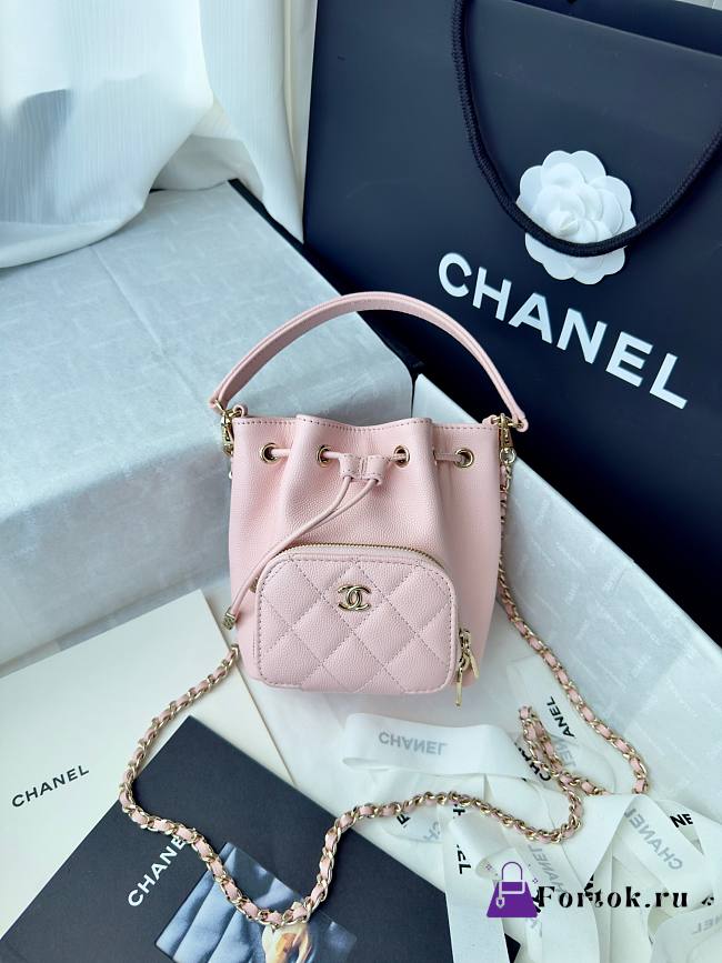 Fortok Chanel Mini Top Handle Bucket Bag with Chain Pink 12.5-10-7.5CM - 1