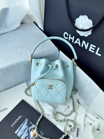 Fortok Chanel Mini Top Handle Bucket Bag with Chain Blue 12.5-10-7.5CM