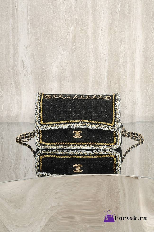 Fortok Chanel 25B Flap Bag Tweed Black 25cm  - 1