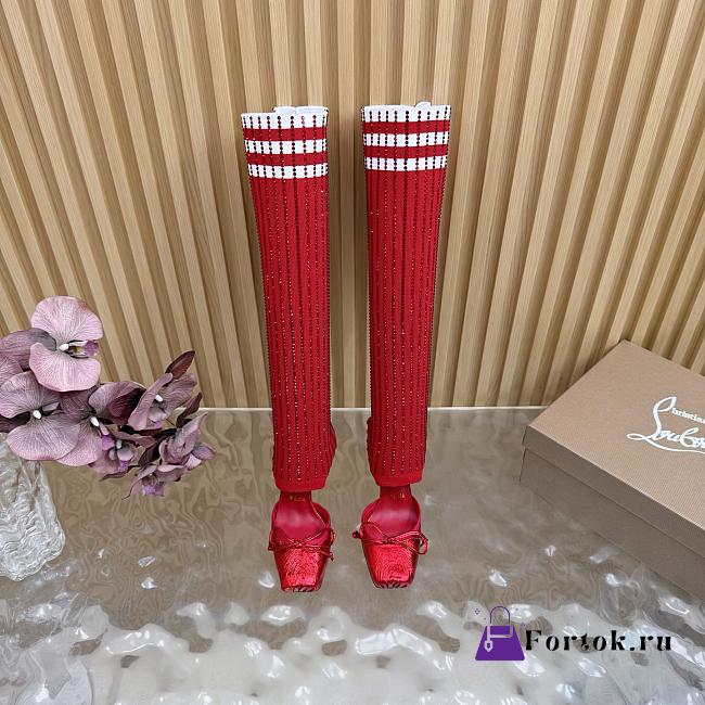 Fortok Christian Louboutin Cassia Annmac high-heel boots ribbed knit shaft Red 10cm - 1