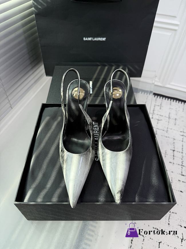 Fortok aSaint Laurent Blade Pointed-Toe Slingback Pumps Metallic Blush Silver 10.5cm - 1