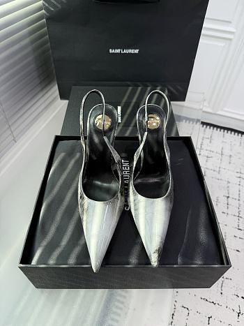 Fortok aSaint Laurent Blade Pointed-Toe Slingback Pumps Metallic Blush Silver 10.5cm