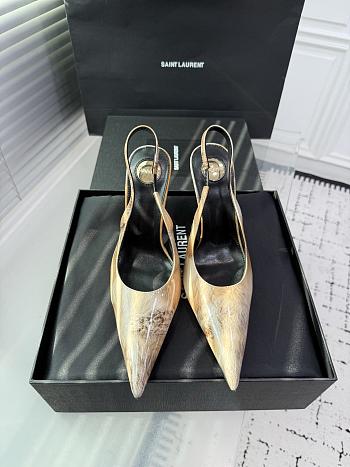 Fortok aSaint Laurent Blade Pointed-Toe Slingback Pumps Metallic Blush Gold 10.5cm