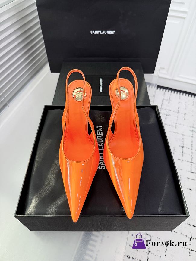 Fortok Saint Laurent Blade Pointed-Toe Slingback Pumps Patent Orange 10.5cm - 1