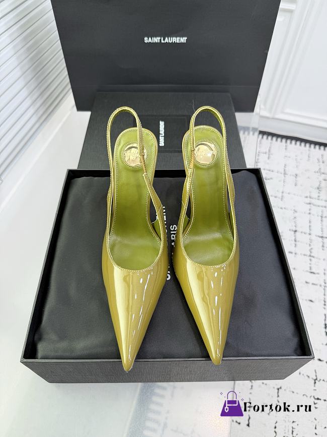 Fortok Saint Laurent Blade Pointed-Toe Slingback Pumps Patent Olive Green 10.5cm - 1
