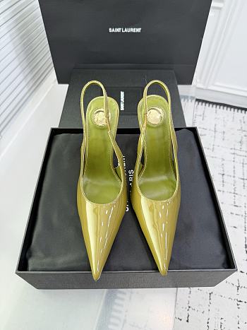 Fortok Saint Laurent Blade Pointed-Toe Slingback Pumps Patent Olive Green 10.5cm