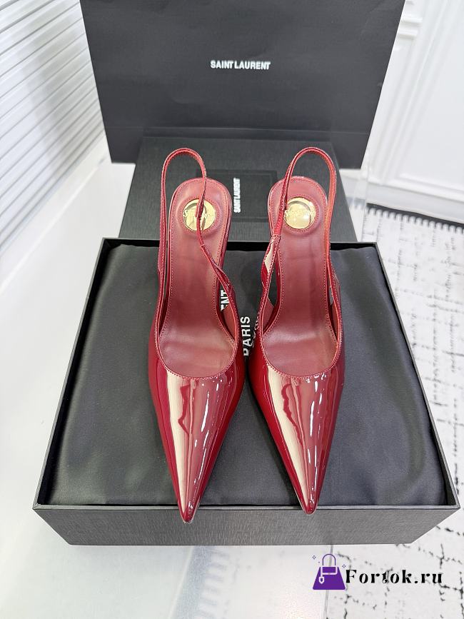 Fortok Saint Laurent Blade Pointed-Toe Slingback Pumps Patent Burgundy 10.5cm - 1