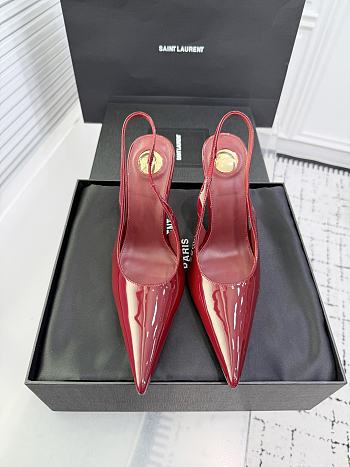 Fortok Saint Laurent Blade Pointed-Toe Slingback Pumps Patent Burgundy 10.5cm