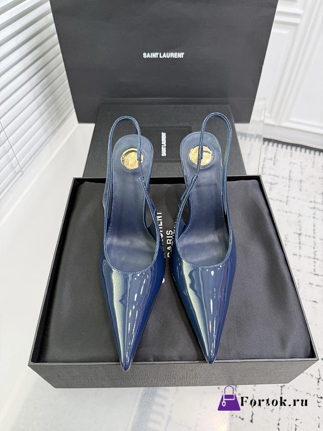 Fortok Saint Laurent Blade Pointed-Toe Slingback Pumps Patent Navy Blue 10.5cm - 1
