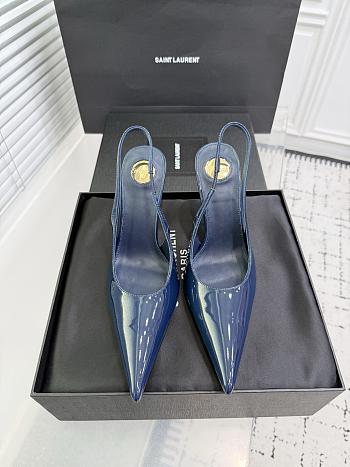 Fortok Saint Laurent Blade Pointed-Toe Slingback Pumps Patent Navy Blue 10.5cm