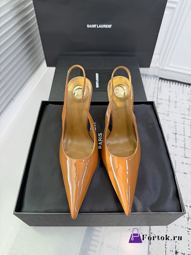 Fortok Saint Laurent Blade Pointed-Toe Slingback Pumps Patent Brown 10.5cm  - 1
