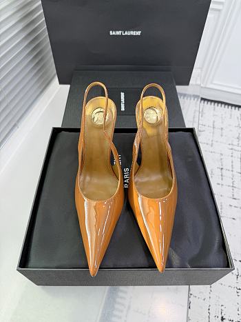 Fortok Saint Laurent Blade Pointed-Toe Slingback Pumps Patent Brown 10.5cm 
