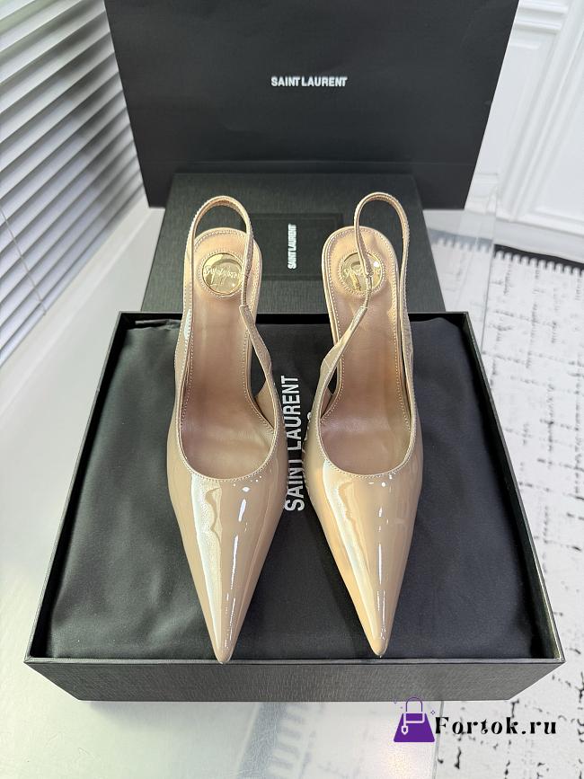 Fortok Saint Laurent Blade Pointed-Toe Slingback Pumps Patent Nude 10.5cm - 1