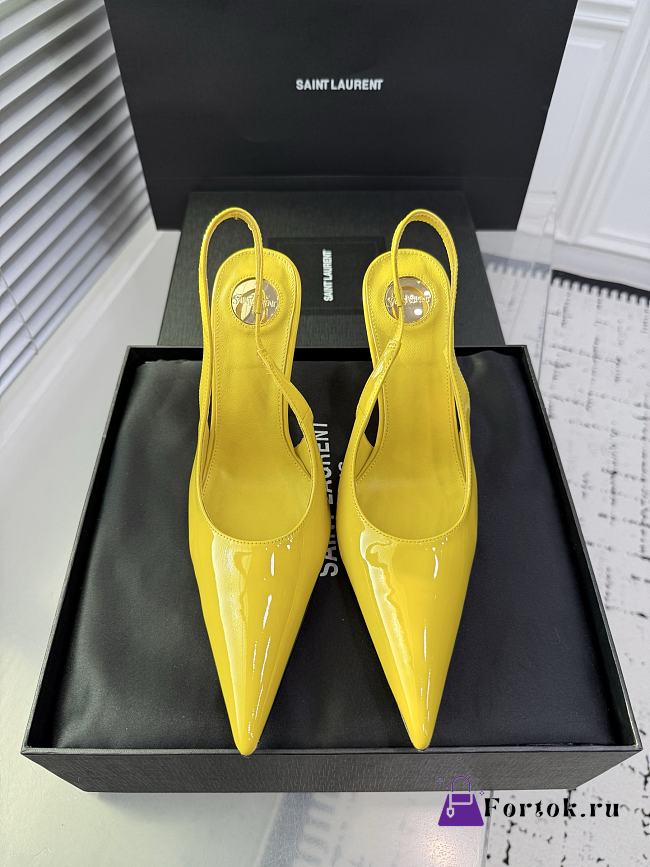 Fortok Saint Laurent Blade Pointed-Toe Slingback Pumps Patent Lemon Yellow 10.5cm - 1