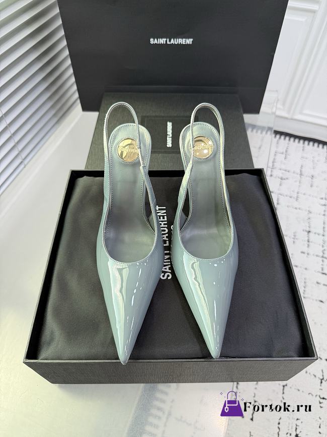 Fortok Saint Laurent Blade Pointed-Toe Slingback Pumps Patent Misty Teal 10.5cm - 1