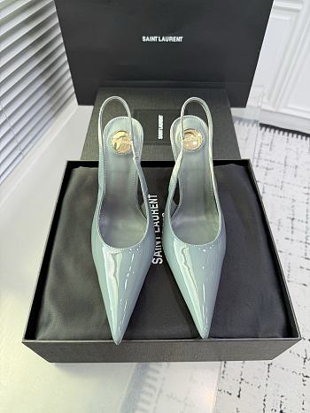 Fortok Saint Laurent Blade Pointed-Toe Slingback Pumps Patent Misty Teal 10.5cm