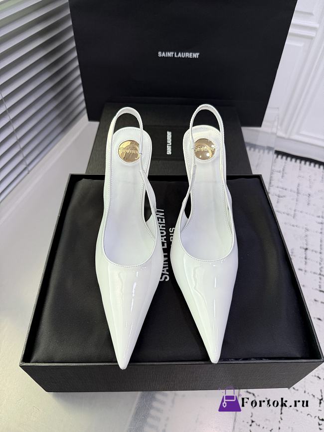 Fortok Saint Laurent Blade Pointed-Toe Slingback Pumps Patent White 10.5cm - 1