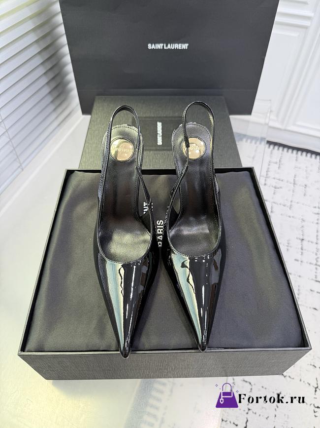 Fortok Saint Laurent Blade Pointed-Toe Slingback Pumps Patent Black 10.5cm - 1