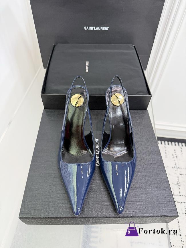 Fortok Saint Laurent Blade Pointed-Toe Slingback Pumps Patent Blue 10.5cm - 1