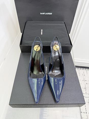Fortok Saint Laurent Blade Pointed-Toe Slingback Pumps Patent Blue 10.5cm