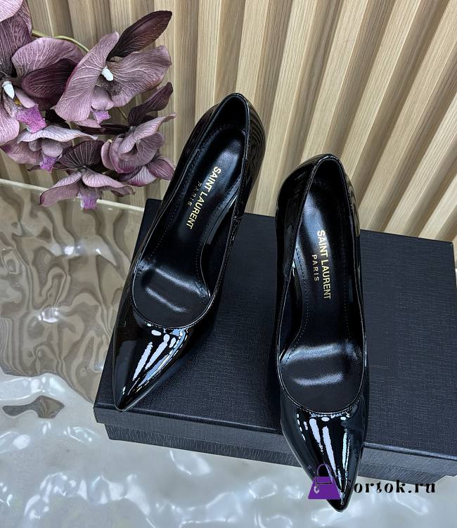 Fortok SAINT LAURENT PARIS-CASSANDRA Pointed Patent Silver Heels Black 11cm - 1