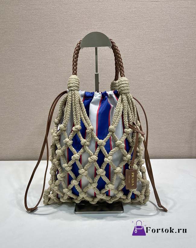 Fortok Prada Noue Cotton Macrame Bag Blue Stripe 30x37cm - 1