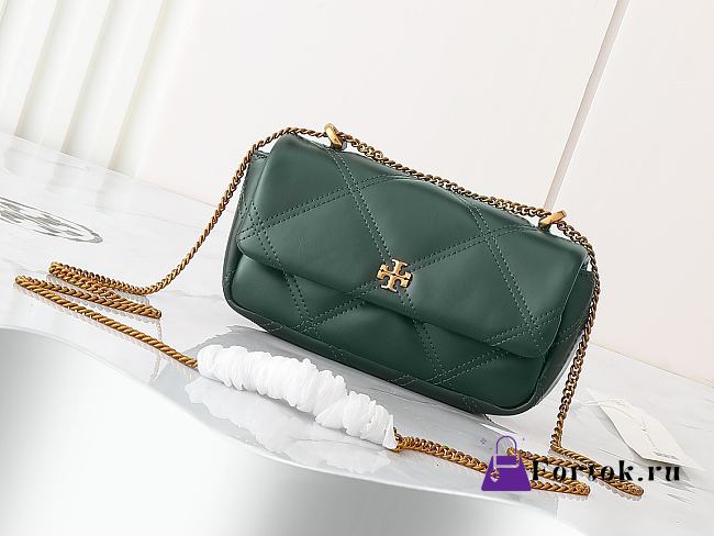 Fortok Tory Burch Kira Diamond Quilt Mini Flap Bag Olive Green 17.5*10*4.5cm - 1