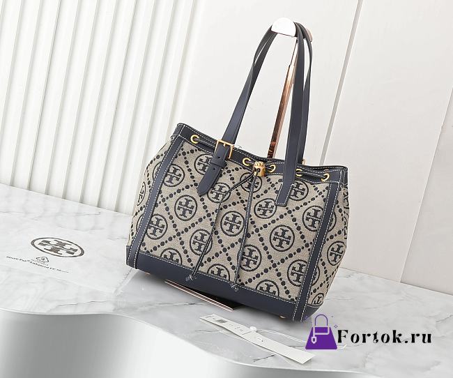 Fortok Tory Burch T Monogram Jacquard Tote Bag Black 29*23*14cm - 1