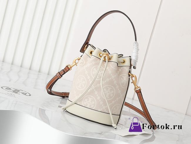 Fortok Tory Burch T Monogram bucket bag Ivory 14*19*11cm - 1