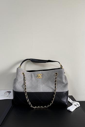 Fortok Chanel Shopping Bag Suede Calfskin & Lambskin Grey 36 x 24 x 14cm