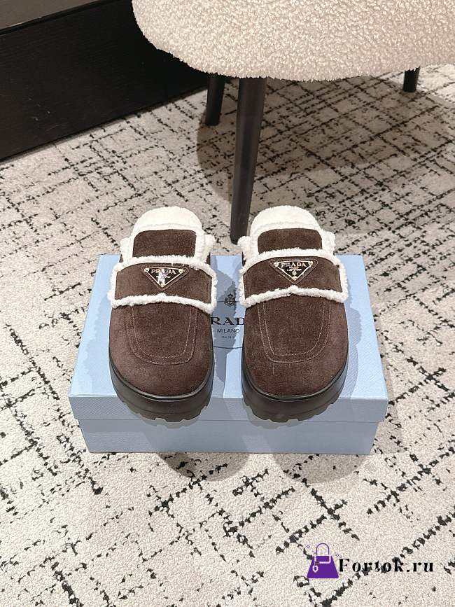Fortok Prada Suede and Shearling Mules Chocolate Brown - 1