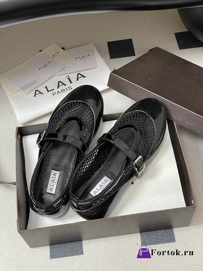 Fortok Alaïa mesh and patent-leather trimmed ballet flats Black - 1