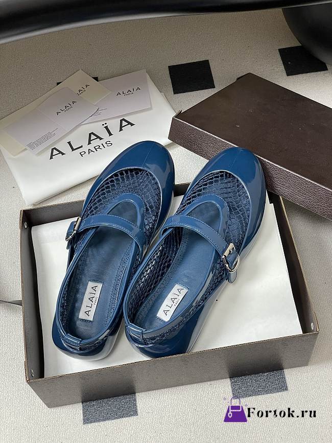 Fortok Alaïa mesh and patent-leather trimmed ballet flats Blue - 1