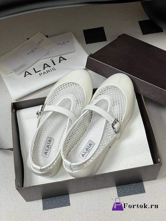 Fortok Alaïa mesh and patent-leather trimmed ballet flats White - 1